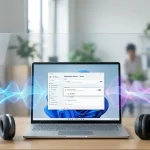 Дві пари бездротових навушників лежать поруч із ноутбуком на базі Windows 11, що демонструє функцію подвійної аудіотрансляції