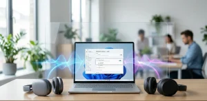 Дві пари бездротових навушників лежать поруч із ноутбуком на базі Windows 11, що демонструє функцію подвійної аудіотрансляції