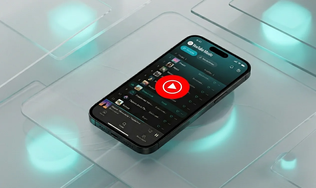 Інтерфейс програми YouTube Music на екрані сучасного смартфона у стилі Glassmorphism з бірюзовими акцентами та фірмовим логотипом