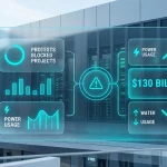 Digital analytical dashboard monitoring data center infrastructure showing a warning icon and a 130 billion dollar loss graphic due to protests