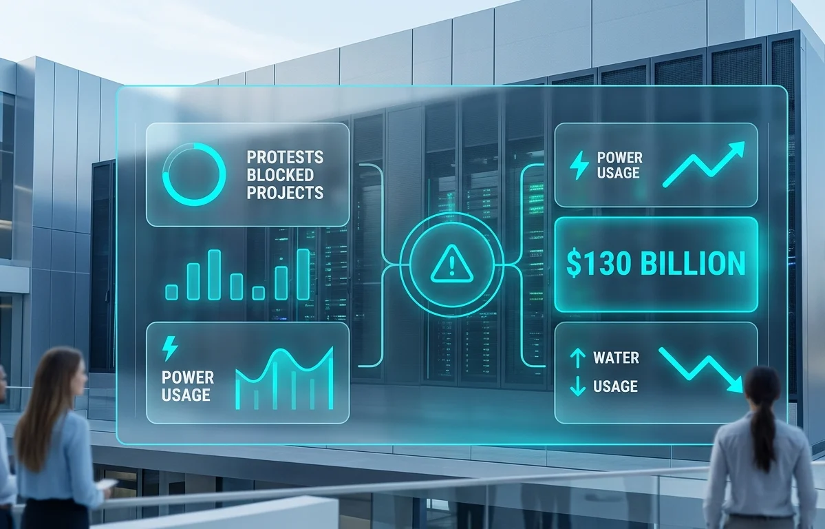 Digital analytical dashboard monitoring data center infrastructure showing a warning icon and a 130 billion dollar loss graphic due to protests