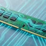 An old DDR2 RAM memory stick on a modern circuit pattern backdrop with neon cyan lighting representing AI influence