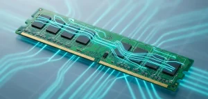 An old DDR2 RAM memory stick on a modern circuit pattern backdrop with neon cyan lighting representing AI influence