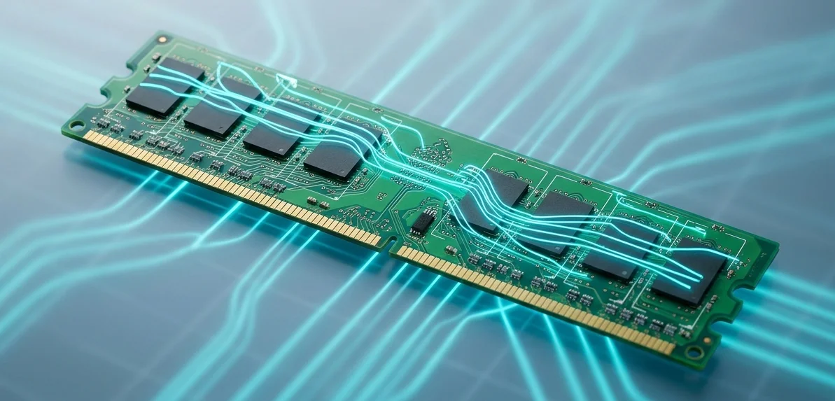 An old DDR2 RAM memory stick on a modern circuit pattern backdrop with neon cyan lighting representing AI influence