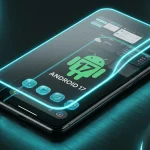 Smartphone screen showcasing Android 17 interface with floating app windows and the official green robot logo