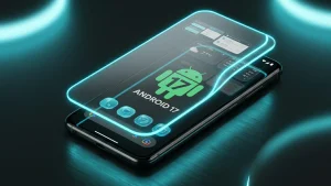 Smartphone screen showcasing Android 17 interface with floating app windows and the official green robot logo