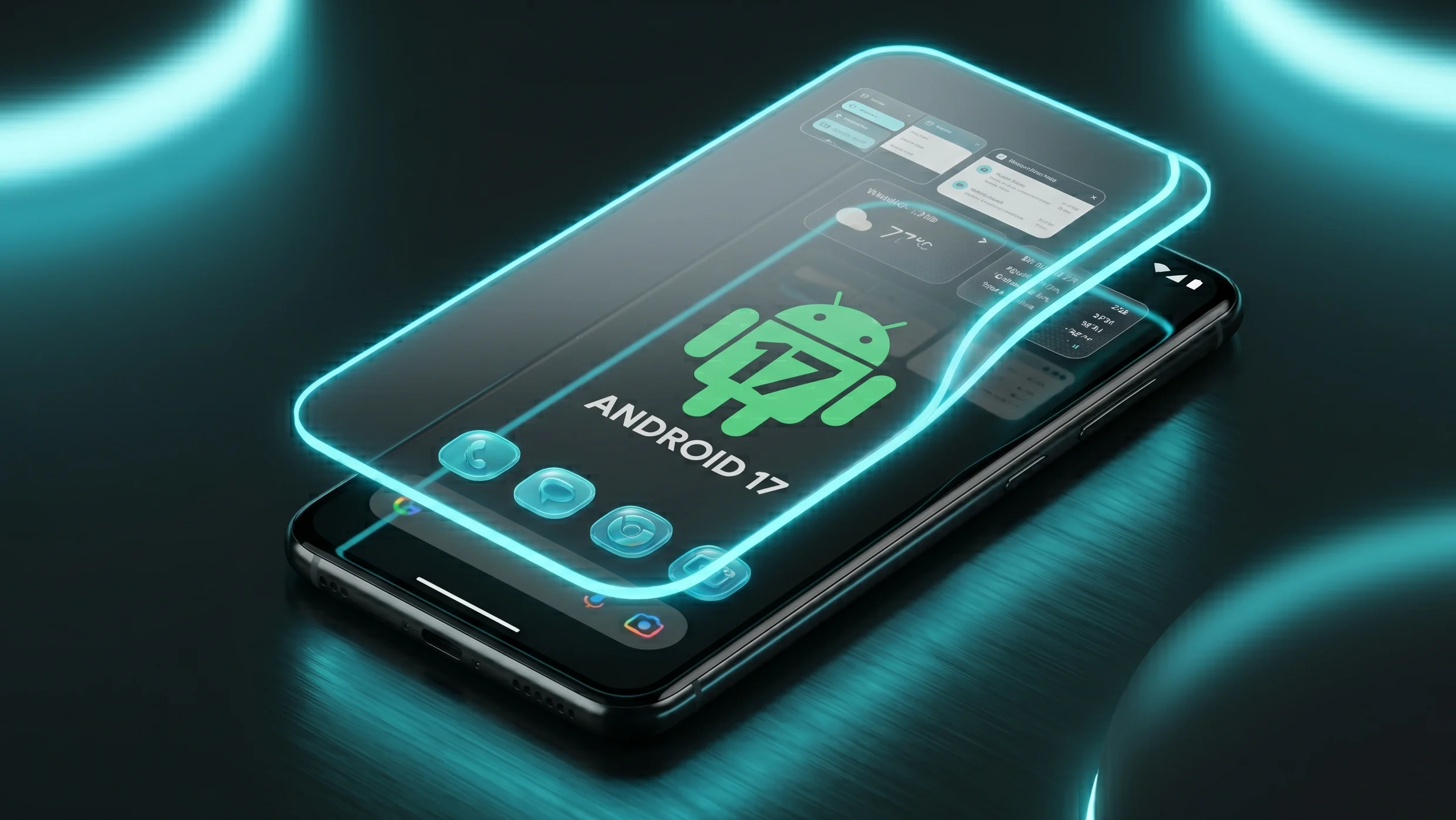 Smartphone screen showcasing Android 17 interface with floating app windows and the official green robot logo