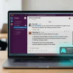 Sleek laptop screen displaying the Slack workspace with Claude Tag AI agent actively working