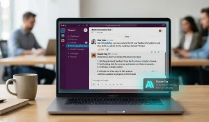 Sleek laptop screen displaying the Slack workspace with Claude Tag AI agent actively working