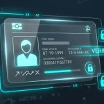 Digital document verification interface on a dark background in glassmorphism style with neon cyan accents