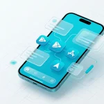 A modern smartphone featuring 3D application icons and a floating alternative app store interface over a cyan glassmorphism design background