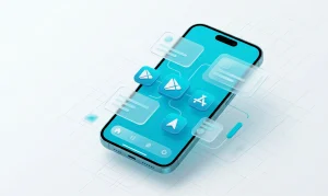 A modern smartphone featuring 3D application icons and a floating alternative app store interface over a cyan glassmorphism design background