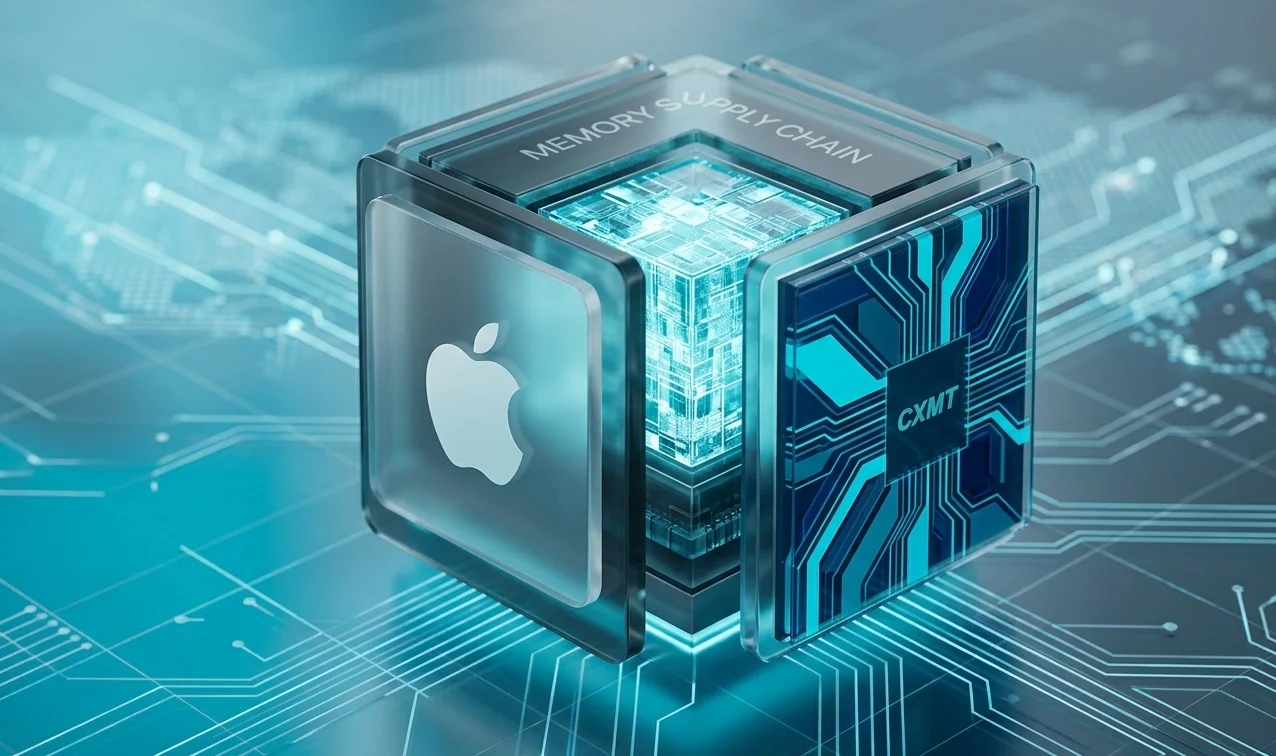 Conceptual tech rendering of a memory microchip symbolizing global supply chains and semiconductor manufacturing