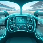 Formula 1 streaming interface on Apple TV inside a racing car cockpit featuring the Apple TV logo