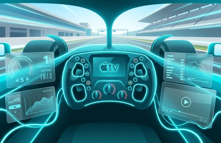 Formula 1 streaming interface on Apple TV inside a racing car cockpit featuring the Apple TV logo