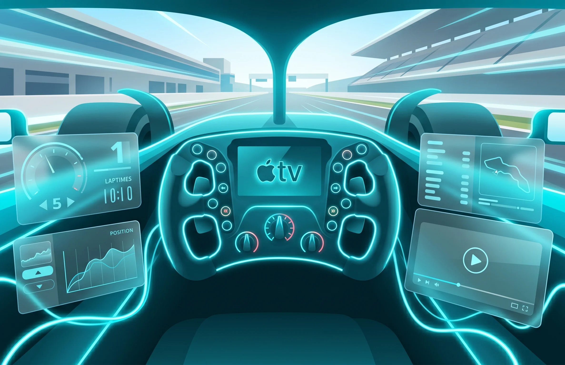 Formula 1 streaming interface on Apple TV inside a racing car cockpit featuring the Apple TV logo