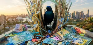 Satin bowerbird in its bower surrounded by artificial decor of money and plastic