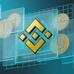 Графическое изображение стеклянных панелей и золотых монет с логотипом Binance на темном бирюзовом фоне