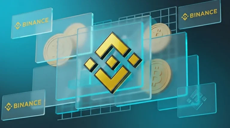 Графическое изображение стеклянных панелей и золотых монет с логотипом Binance на темном бирюзовом фоне