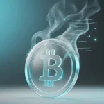 Conceptual 3D rendering of a translucent glassmorphism Bitcoin coin with subtle digital smoke symbolizing its carbon footprint