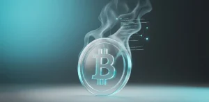 Conceptual 3D rendering of a translucent glassmorphism Bitcoin coin with subtle digital smoke symbolizing its carbon footprint
