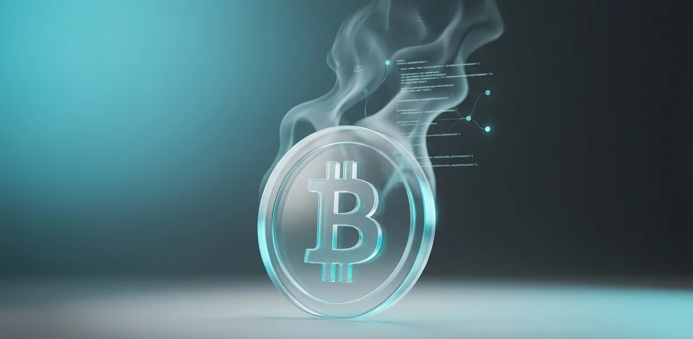 Conceptual 3D rendering of a translucent glassmorphism Bitcoin coin with subtle digital smoke symbolizing its carbon footprint