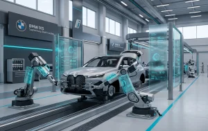 Automated robotic arms assembling a vehicle chassis inside the newly modernized BMW Spartanburg manufacturing facility in South Carolina
