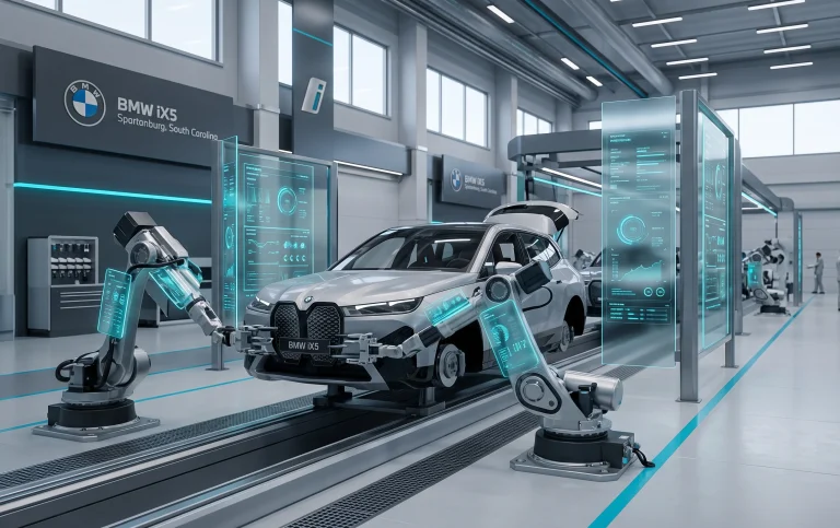 Automated robotic arms assembling a vehicle chassis inside the newly modernized BMW Spartanburg manufacturing facility in South Carolina