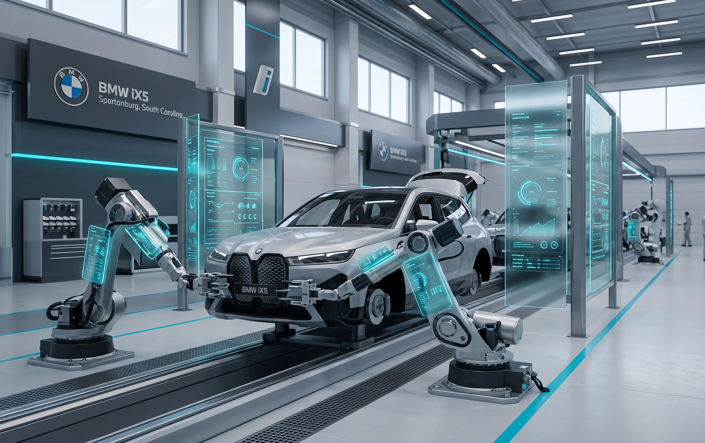 Automated robotic arms assembling a vehicle chassis inside the newly modernized BMW Spartanburg manufacturing facility in South Carolina