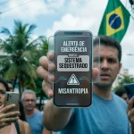 A smartphone showing a Brazilian emergency alert notification about a system breach against a street background with a Brazilian flag