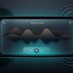 Смартфон с интерфейсом звуковой терапии и визуализацией низкочастотных волн коричневого шума на темном фоне в стиле глассморфизма