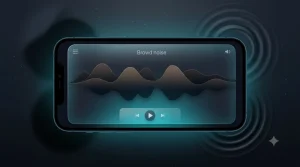 A smartphone display featuring a sound therapy interface and low-frequency brown noise soundwave visualization in glassmorphism style on a dark backdrop