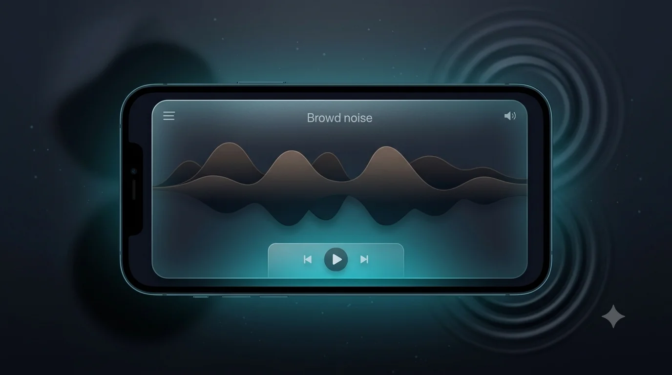 A smartphone display featuring a sound therapy interface and low-frequency brown noise soundwave visualization in glassmorphism style on a dark backdrop