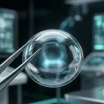 Биоинженерная искусственная роговица глаза человека в лабораторных пинцетах