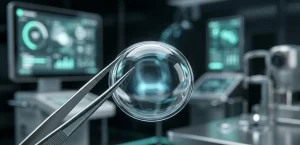 Биоинженерная искусственная роговица глаза человека в лабораторных пинцетах