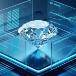 A natural diamond on a technology platform with blockchain elements and digital tracking data in blue tones