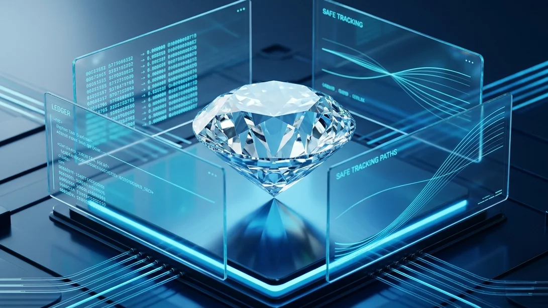 A natural diamond on a technology platform with blockchain elements and digital tracking data in blue tones