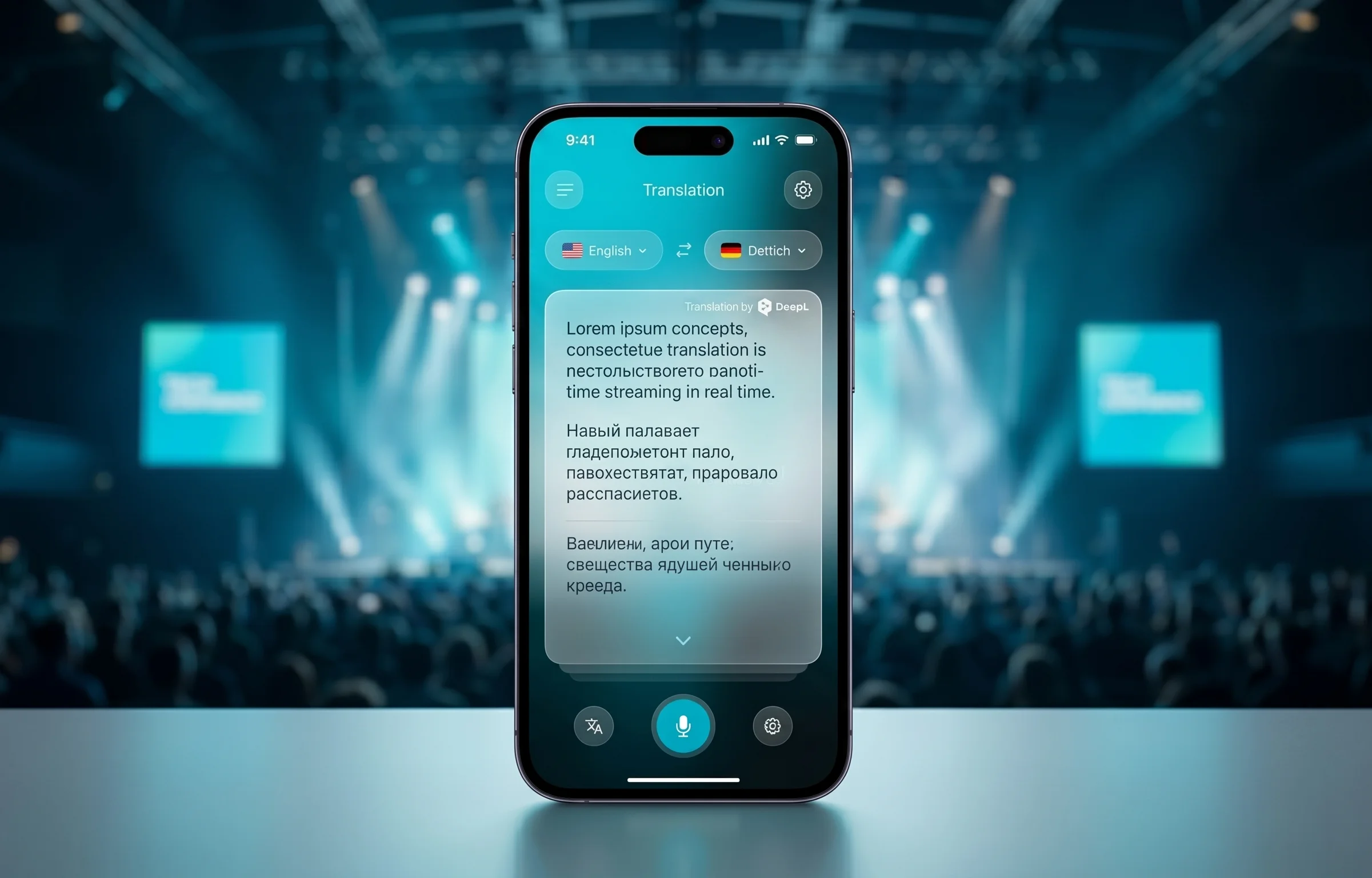 DeepL real-time translation application interface displayed on a smartphone screen during a live event