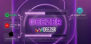 Web interface of Deezer AI Music Detector showing a public playlist scanning sequence with platform logos