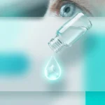 Conceptual image of a glass medical bottle with a vision improvement droplet in glassmorphism style