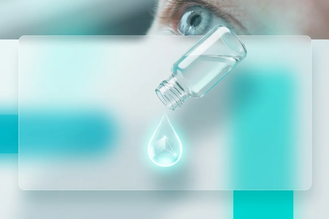 Conceptual image of a glass medical bottle with a vision improvement droplet in glassmorphism style