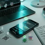A smartphone showing a fake music application UI and a laptop with malware analysis code surrounded by social media icons