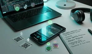 Смартфон с фейковым интерфейсом музыкального приложения и ноутбук с кодом анализа вредоносного ПО вокруг логотипов соцсещй