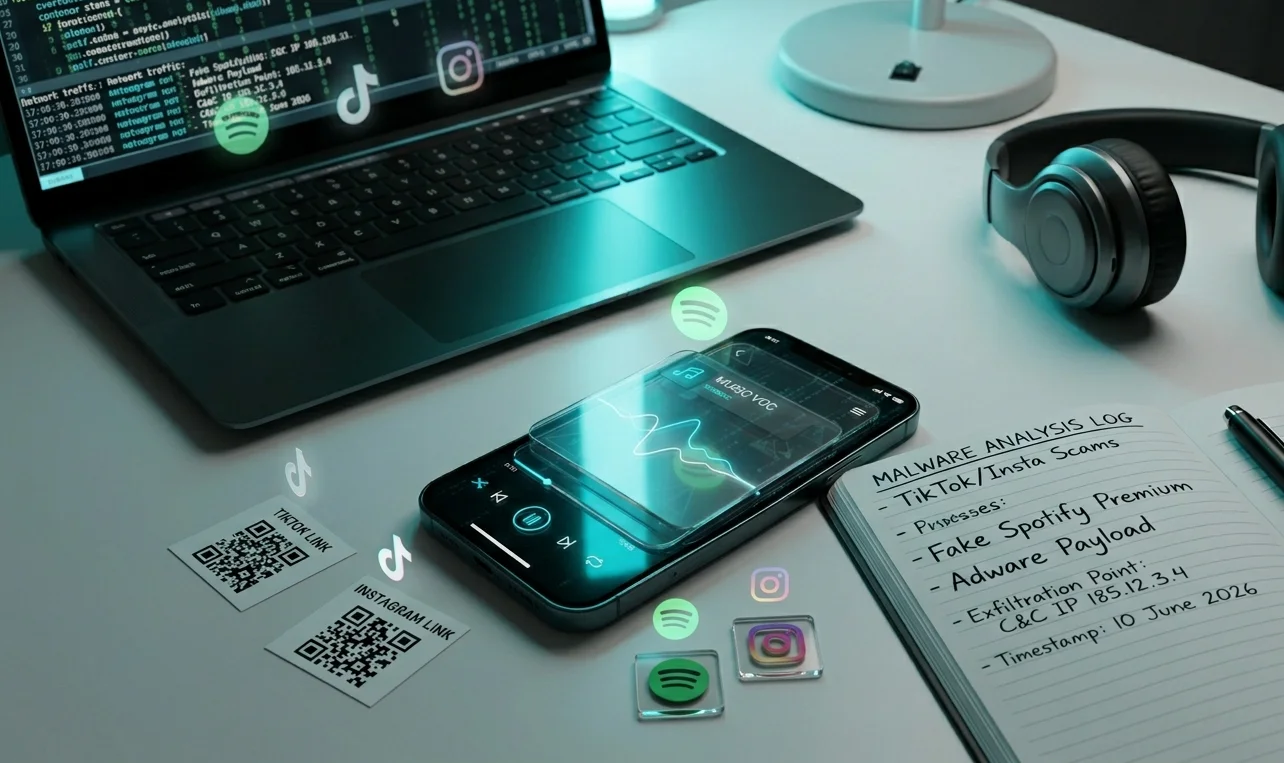 A smartphone showing a fake music application UI and a laptop with malware analysis code surrounded by social media icons