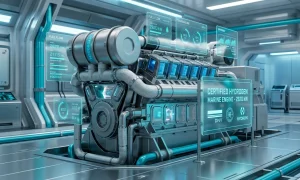 Modern hydrogen powered marine engine inside a ship engine room featuring digital monitoring screens