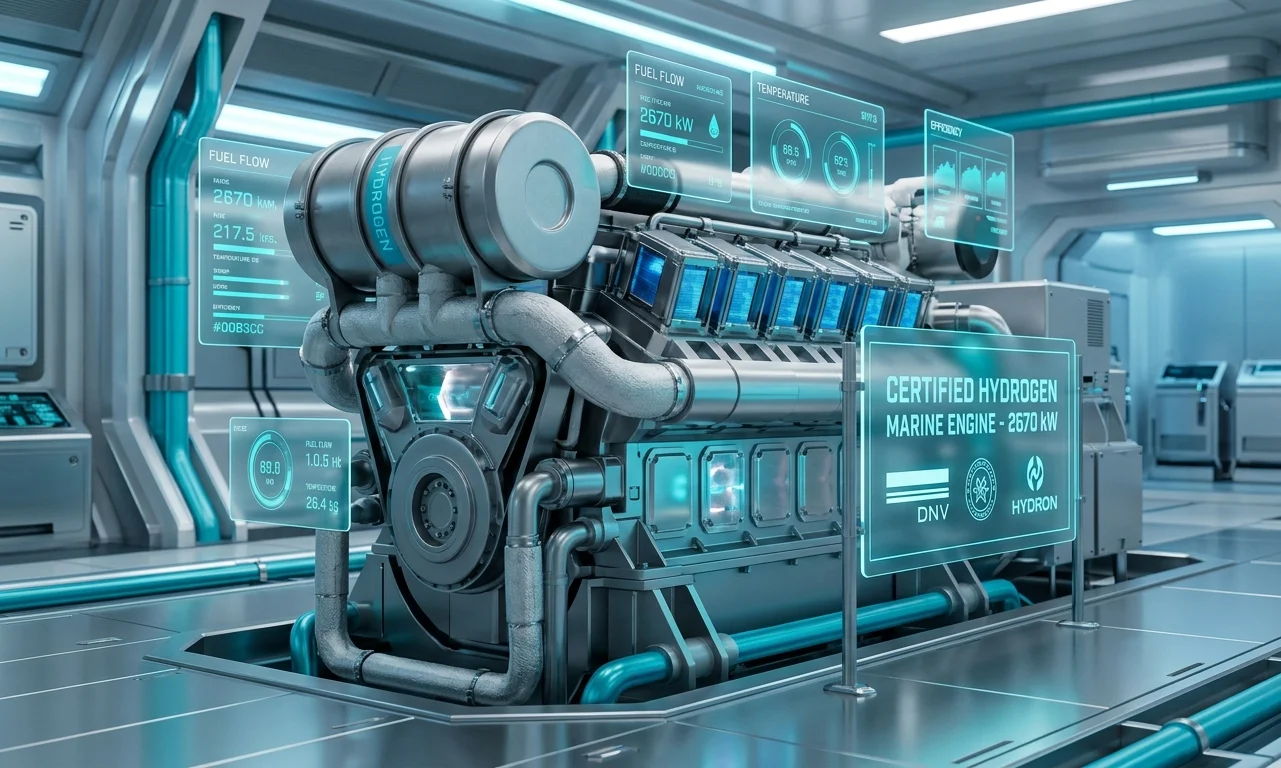 Modern hydrogen powered marine engine inside a ship engine room featuring digital monitoring screens