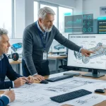 Experienced Ford engineers reviewing automotive technical schematics and battery thermal management data on screens and paper layouts in a high-tech lab environment.