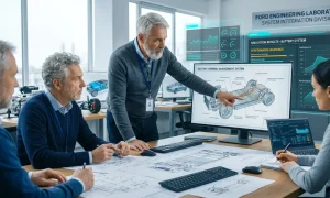 Experienced Ford engineers reviewing automotive technical schematics and battery thermal management data on screens and paper layouts in a high-tech lab environment.