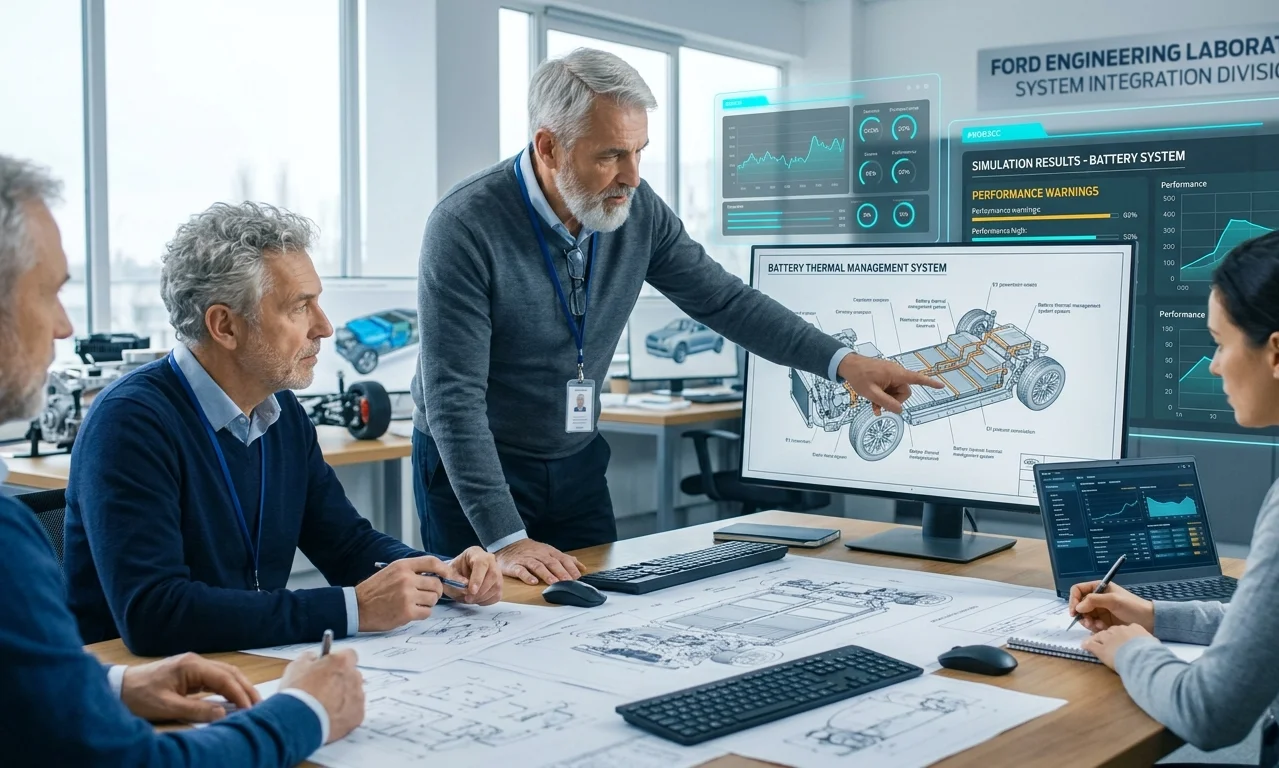 Experienced Ford engineers reviewing automotive technical schematics and battery thermal management data on screens and paper layouts in a high-tech lab environment.