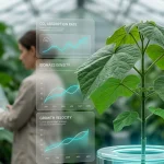 A young Paulownia tree in a laboratory setting with floating digital growth metrics
